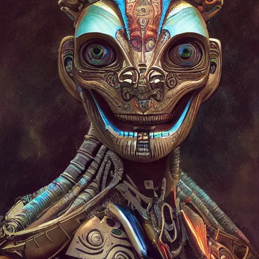 Image similar to An Alien Robot Mayan Ruler, facial tattoos, artists portrait, biomechanical, wild jungle, fantasy, highly detailed, digital painting, concept art, sharp focus, depth of field blur, illustration, art by artgerm and greg rutkowski and alphonse mucha