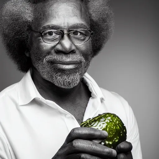 Prompt: An old afro-american man holding a pickle and thinking. Award winning studio photo.