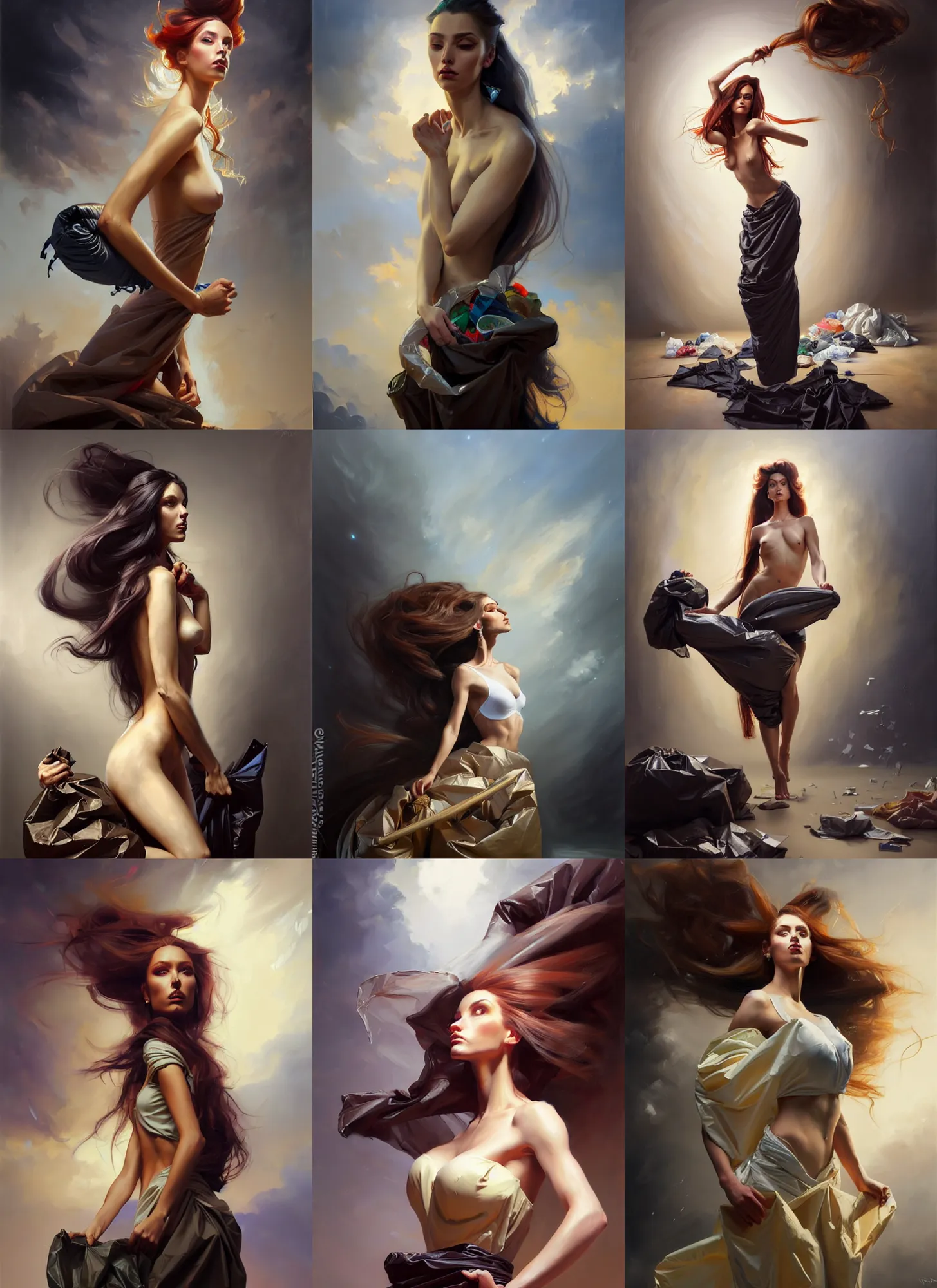 Image similar to fine art portrait oil painting of a beautiful woman with long hair wearing a garbage bag for clothes, perspective, ultra detailed, elegant, intricate, dynamic lighting, hyperrealism, sharp focus, art by peter mohrbacher and greg manchess and andrei riabovitchev