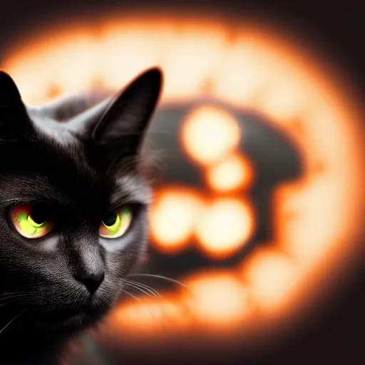 Image similar to a cat, glowing inferno eyes,black background, hyper realistic