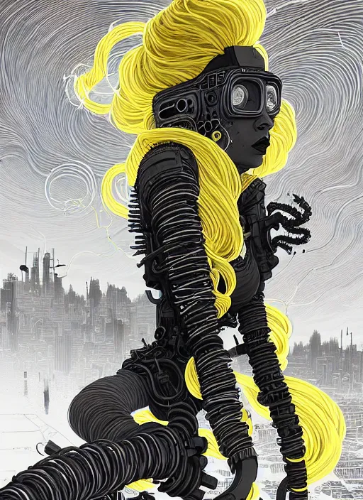 Image similar to highly detailed portrait of wasteland punk long curly bright yellow and white plasma electricity hair tribal lady, stray electric spark wiring by atey ghailan, james gilleard, by joe fenton, by greg rutkowski, by greg tocchini, by kaethe butcher, 4 k resolution, gradient yellow, black and white color scheme!!! ( ( lightning cloudy robotic dystopian city background ) )