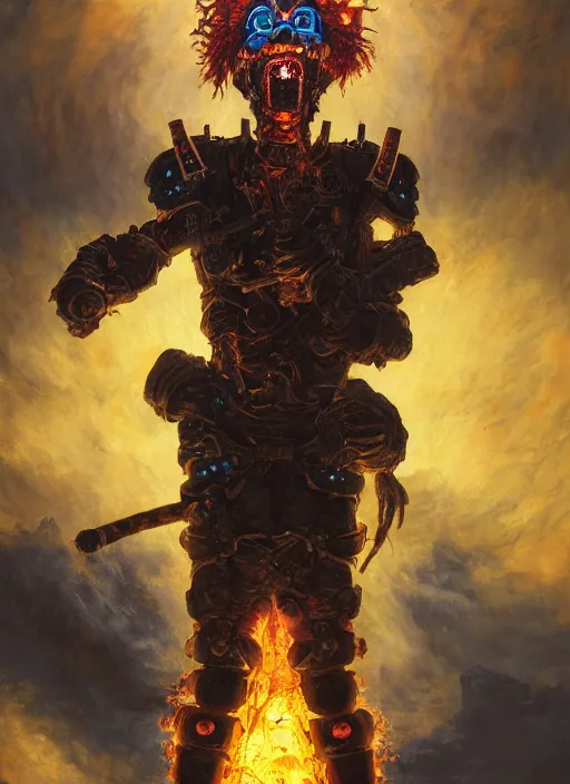 Image similar to portrait of a diabolical cyborg clown samurai fires a flamethrougher, wearing burning torn cape, dynamic pose, glowing eyes, ancient ruins, glowing veins subsurface scattering, in clouds, sunset, portrait, by gerald brom, by mikhail vrubel, by peter elson, muted colors, extreme detail, reflections, trending on artstation, 8 k