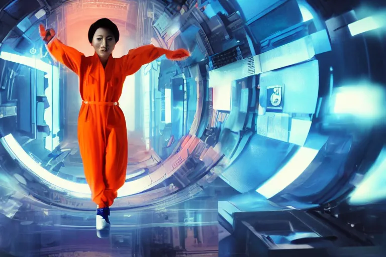 Image similar to an 8 k photograph depicting haruka abe wearing an orange prison jumpsuit. behind her a blue holographic face hangs in the air, dominating the background scene. futuristic medical equipment surrounds haruka abe. cinematic lighting, soft focus, panavision camera, sci fi, futuristic,