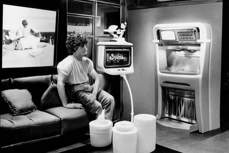 Prompt: an extremely realistic life-sized slushie machine made of porcelain, handsome male model sitting on a gray couch, from 1985, bathed in the glow of a television, low-light photograph