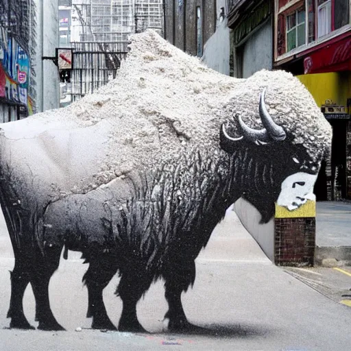 Image similar to a buffalo covered in flour in the middle of the street, graffiti banksy art