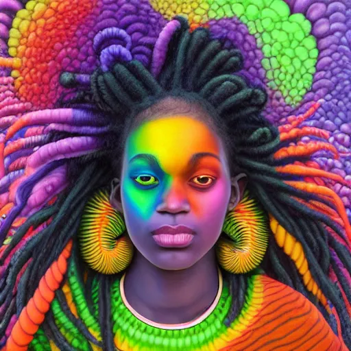 Image similar to a wide angle shot of a black girl with colorful dreadlocks in a field of candy, by Adi granov and afarin sajedi and amanda sage and evgeni gordiets and Agostino Arrivabene and adonna khare in a psychedelic portrait style, ultrarealistic matte painting, volumetric lighting, fractal, extremely symmetrical, highly detailed face, orisha, 8k, hd