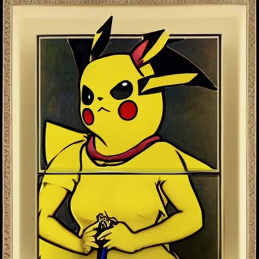 Image similar to elegant woman dressed up as pikachu, art photo by Annie Liebovitz and Alphonse Mucha