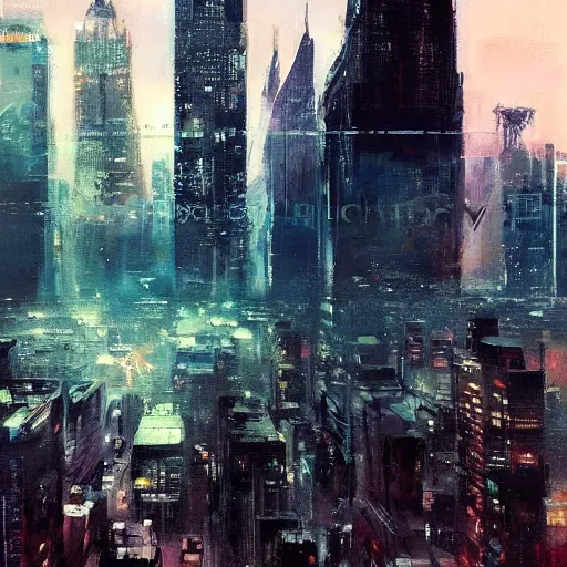 Image similar to new york skyline, 1 9 7 0 s scifi art style, flying cars, jeremy mann painting