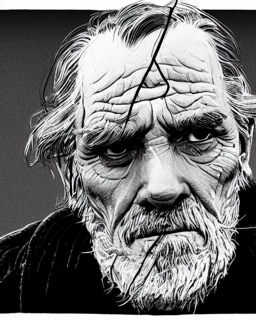 Image similar to closeup portrait of a dirty tired old man man standing on a bridge, detailed illustration, digital art, trending on artstation, martin ansin, b & w,