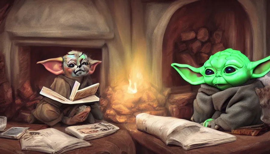 Prompt: baby yoda reading book near the fireplace in the chalet, hyperdetailed, artstation, cgsociety, 8 k