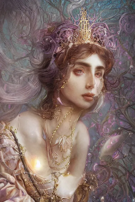 Image similar to elaborately hyperdetailed pre-raphaelite illustration of an extremely beautiful regal woman with an imponent crown, eerie mist and ethereal pink bubbles, Aetherpunk, atmospheric lighting, bright background, moonlight, high fantasy professionally painted digital art painting, smooth, sharp focus, highly detailed illustration highlights, backlight, golden ratio, 8K detail post-processing, symmetrical facial features, rich deep moody colors, award winning picture, Daily Deviation on DeviantArt, trending on cgsociety, featured on ArtstationHQ, very coherent symmetrical artwork, concept art