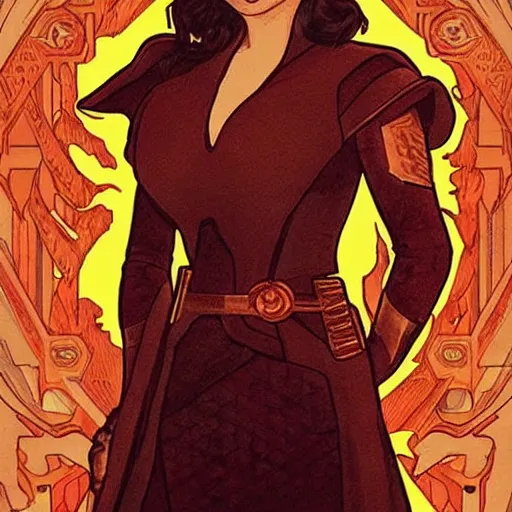 Image similar to emilia clarke as qi'ra, mucha style,