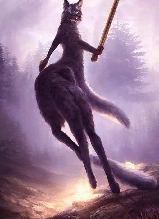 Image similar to fantasy art by charlie bowater and yoshitaka amano, lynx holding a golden intricately decorated shiny scepter, night, spruce trees on the sides, mountains in the background, eerie dark atmosphere, moonlit, back light