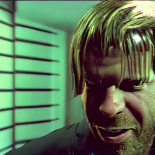 Image similar to a vhs still portrait of aphex twin breaking into the office from a gritty cyberpunk 2 0 0 0 s james cameron movie about spider - man. realism, cinematic lighting, 4 k. 8 mm. grainy. panavision.