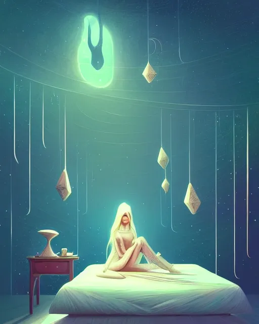 Image similar to beautiful painting of elven sitting on her bed, art by mike winkelmann and by petros afshar, sky night, illustration, highly detailed, simple, smooth and clean vector curves, no jagged lines, vector art, smooth, artstation