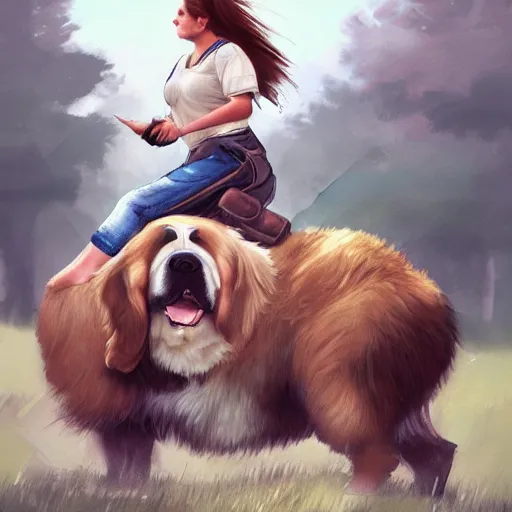 Image similar to girl riding a giant saint Bernard in the park, trending on artstation