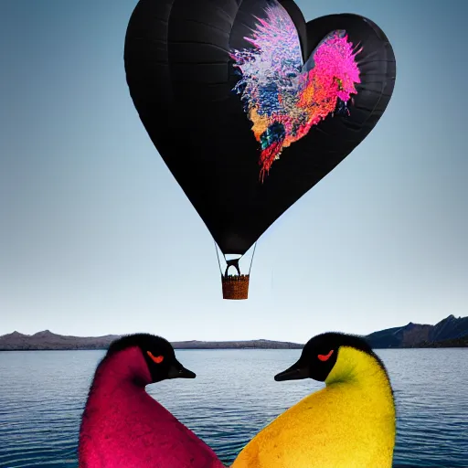 Image similar to photo of two black swans swimming in a beautiful reflective mountain lake, touching heads, forming a heart with their necks, a colorful hot air balloon is flying above the swans, hot air balloon, intricate, portrait, 8k highly professionally detailed, HDR, CGsociety, octane render, 4k