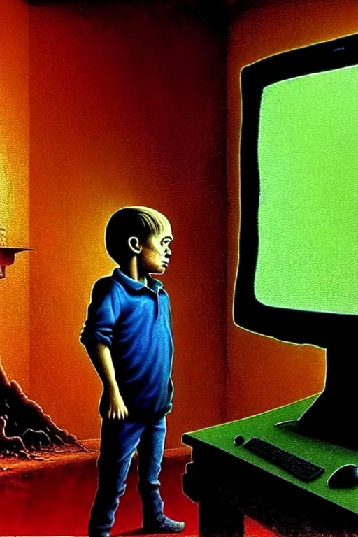 Image similar to realistic detailed color photo of a standing figure of a five years old boy in front of a PC computer monitor in an old dirty soviet apartment . screenshot of the game doom2 on the monitor screen, by and Mark Brooks, Neo-Gothic, gothic, rich deep colors. Beksinski painting, from a movie by David Cronenberg. masterpiece. realistic detailed image. Photographed with Leica Summilux-M 24 mm lens, ISO 100, f/8, Portra 400, kodak film, anamorphic lenses. high quality