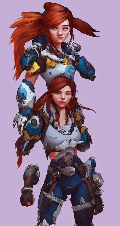 Prompt: one character, overwatch, brigitte, horizon zero dawn, aloy, digital art, high detailed, artstation