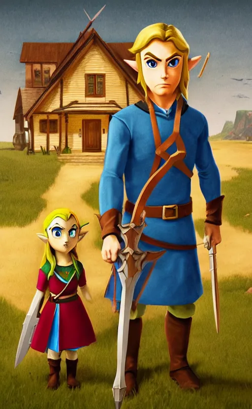 Prompt: Link and Zelda as American Gothic by Grant Wood in the style of Legend of Zelda: Windwaker, unreal engine, high quality render