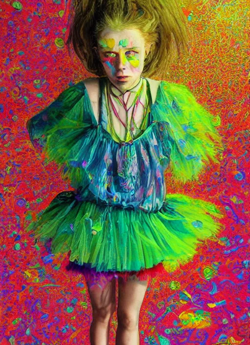 Image similar to surrealism psychedelic full body portrait sketch of thomasin mckenzie as delirium of the endless in fishnet top and rainbow tutu skirt from the sandman, floating goldfish, green and blue eye heterochromia by alex ross, josh kirby, detailed, elegant, intricate