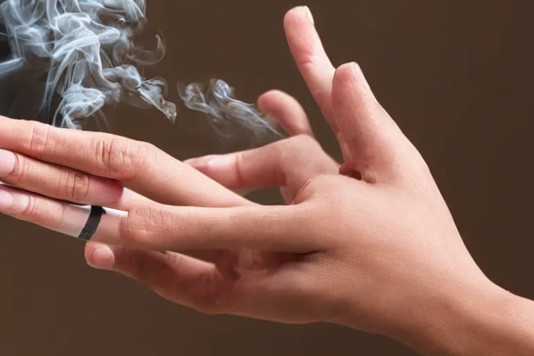 Image similar to Close-up of thin soft hand, hand with cigarette with smoke, hand with five fingers, hyper realistic, high details, photo, super resolution