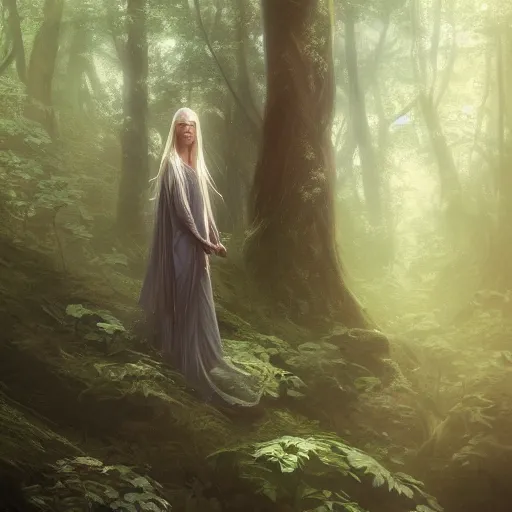 Image similar to A beautiful picture of galadriel in a forest by greg rutkowski and Kalin Popov, trending on artstation