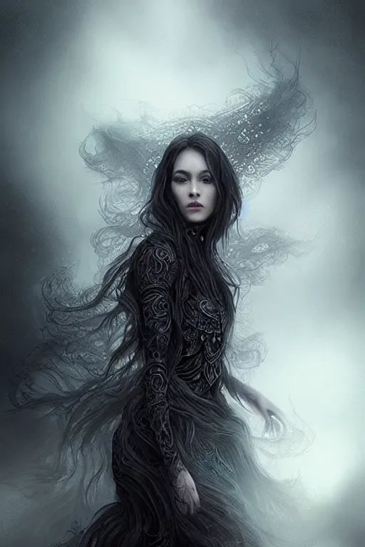 Image similar to majestic and regal portrait of a beautiful young female dark goddess!!, intricate, epic, elegant, menacing, fantasy, highly detailed, digital painting, hard focus, beautiful volumetric lighting, epic light, ultra detailed, souls, smoke, by leesha hannigan, ross tran, thierry doizon, kai carpenter, ignacio fernandez rios