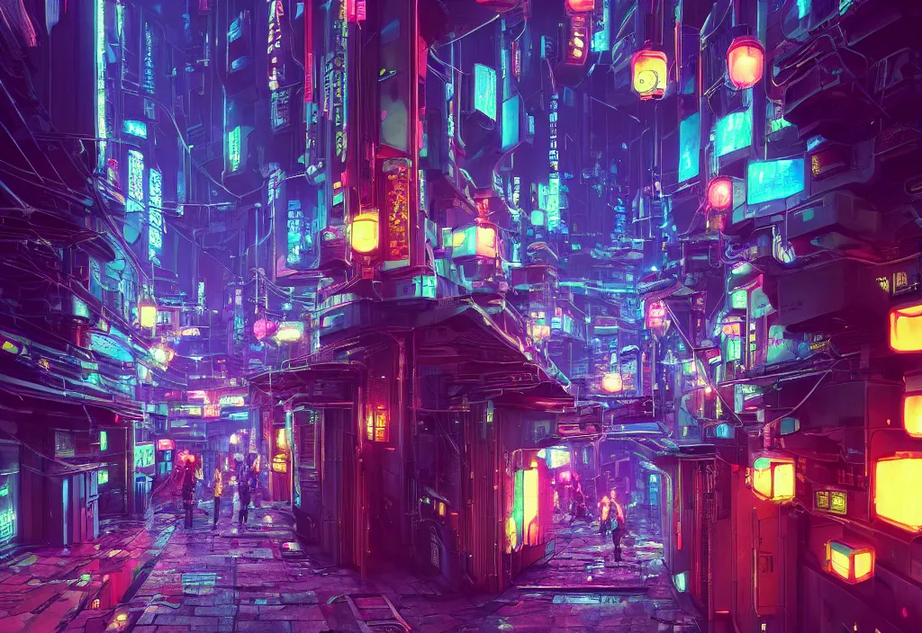 Image similar to a futuristic cyberpunk japanese izayaka alley with neon lights and lanterns, soft glow, intricate, cybernetic, viewed from above, trending on artstation, octane render, unreal engine, colorful, in the style of chris foss, rodger dean, moebius, michael whelan, and gustave dore