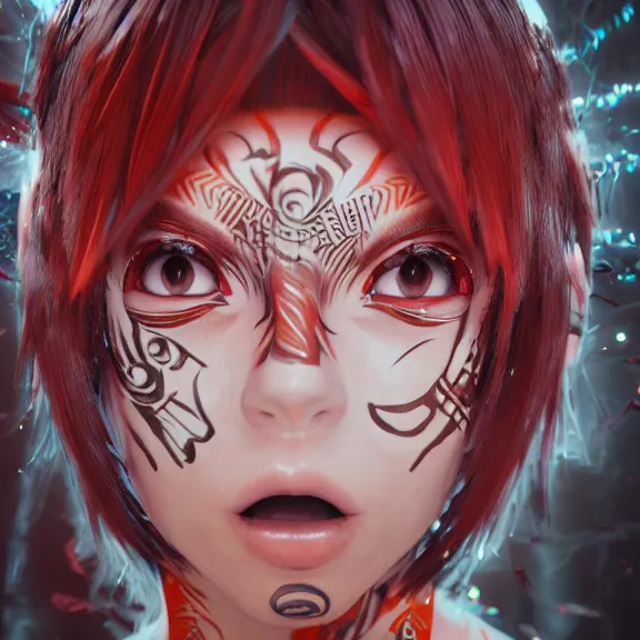 Image similar to 3D render of a cute anime boy covered in tribal body paint, fantasy artwork, contrast, mid-shot, award winning, hyper detailed, very very very beautiful, studio lighting, artstation, unreal engine, unreal 5, 4k, octane renderer