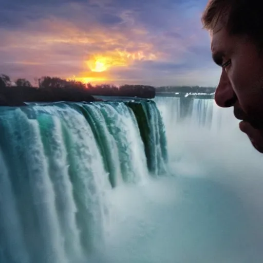 Image similar to highly detailed concept art of award winning cinematic still of close up of man reading the Bible at Niagara falls, waterfalls, colorful sunset, epic, cinematic lighting, dramatic angle, heartwarming drama directed by Steven Spielberg,