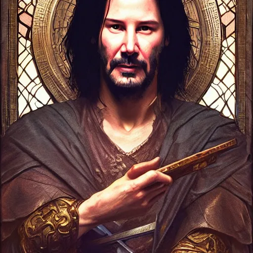 Prompt: portrait of a keanu reeves as a male cleric, D&D, fantasy, intricate, elegant, highly detailed, digital painting, artstation, concept art, smooth, sharp focus, illustration, art by artgerm and greg rutkowski and alphonse mucha