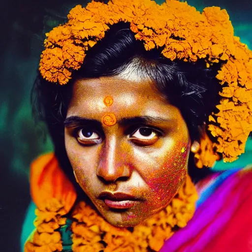 Image similar to realistic expired kodak film portrait of strange india woman cosmic mix, marigold celestial vibe, hyperrealism, hypermaxiymalism, photorealistic, detailed, atmospheric, 8 k, award winning photography, cinematic