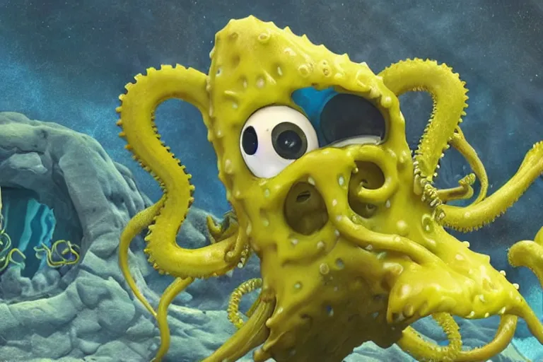 Prompt: Spongebob Cthulhu chimera, photorealistic still from Alien Planet