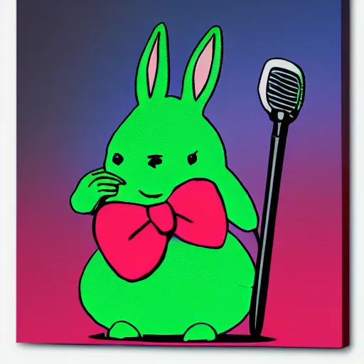 Image similar to a rabbit singing into a microphone, green and pink and red lights, photorealistic