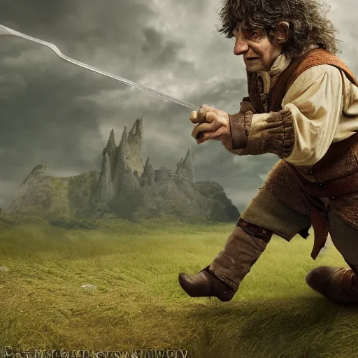 Image similar to Bilbo Baggins fighting an orc detailed 4K digital art