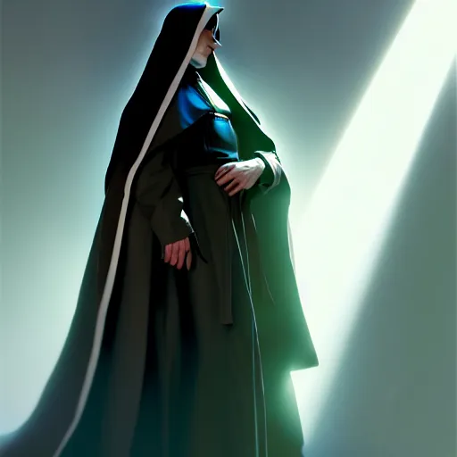 Image similar to imposing and relaxed cyberpunk nun, white duster coat, with dramatic volumetric god rays by john singer sargent, syd mead, craig mullins, finnian macmanus, sung choi, ruan jia. cinematic keyframe concept art on artstation