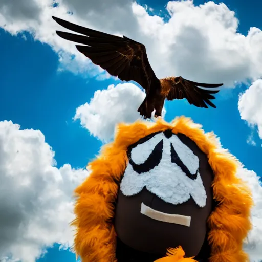 Image similar to cinematic photo of a giant eagle carrying away a person in a mascot costume, camera is looking up at the subject in the sky with fancy clouds behind