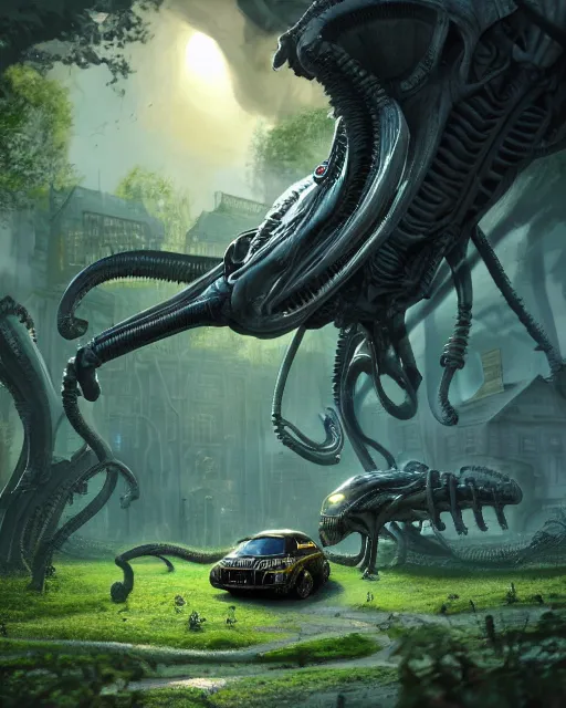 Image similar to xenomorph taxi car in a fantasy village, calming, uplifting mood, ultra realistic, farm, small buildings, highly detailed, atmosphere, masterpiece, epic lighting, elves, green plants, magic, illuminated, 4 k, cinematic, morning sun, art by eddie mendoza and sylvain sarrailh and jonathan berube