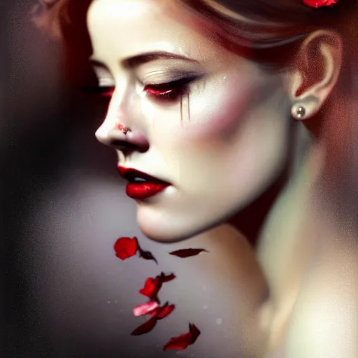 Image similar to hyperrealistic portrait of a woman as amber heard as a vampire witch tears makeup in a black coat turned back while closing a window over the shoulder shot portrait with falling petals in wind. by jeremy mann and alphonse mucha, fantasy art, photo realistic, dynamic lighting, artstation, poster, volumetric lighting, very detailed faces, 4 k, award winning
