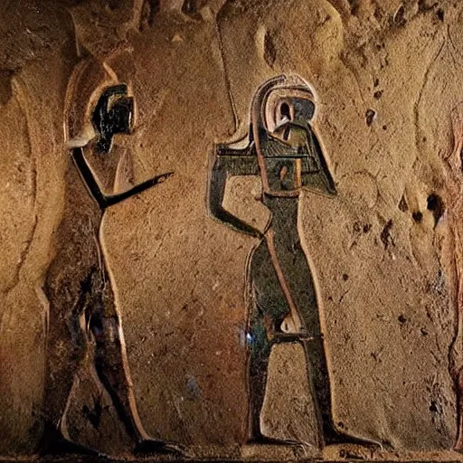 Prompt: Archaeologists discover cave painting with hieroglyphics depicting modern smartphones and aliens photorealistic