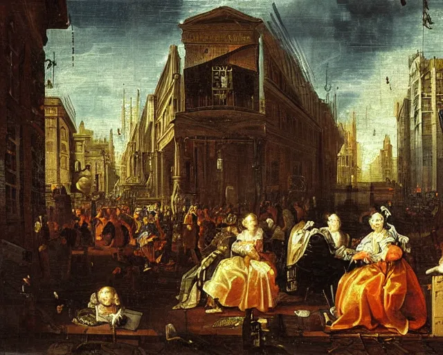 Prompt: baroque dutch painting from 1 6 7 0 of a cyberpunk city nightlife