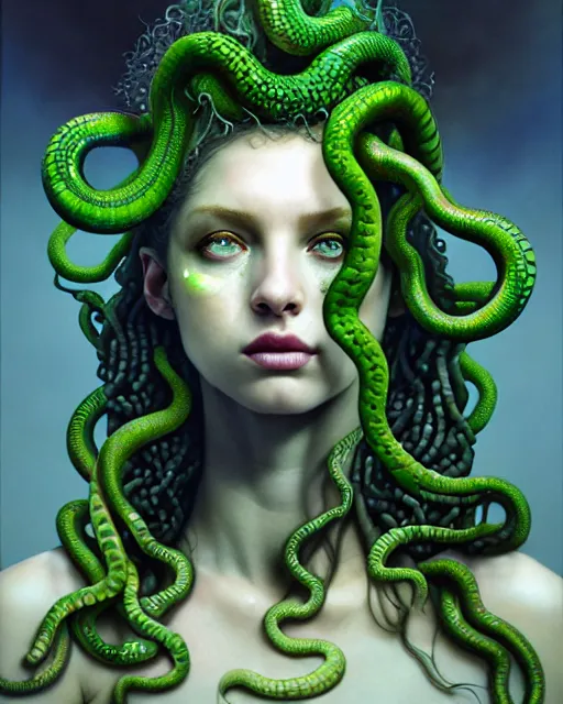 Prompt: hyperrealistic mixed media painting of beautiful Medusa, green scaley serpents in her hair, pale skin, devious expression, full body, stunning 3d render inspired art by P. Craig Russell and Barry Windsor-Smith + perfect facial symmetry + dim volumetric lighting, 8k octane beautifully detailed render, post-processing, extremely hyperdetailed, intricate, epic composition, grim yet sparkling atmosphere, cinematic lighting + masterpiece, trending on artstation, very very detailed, masterpiece, stunning