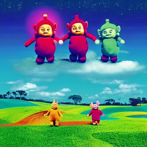 Image similar to teletubbies Tame Impala album cover art