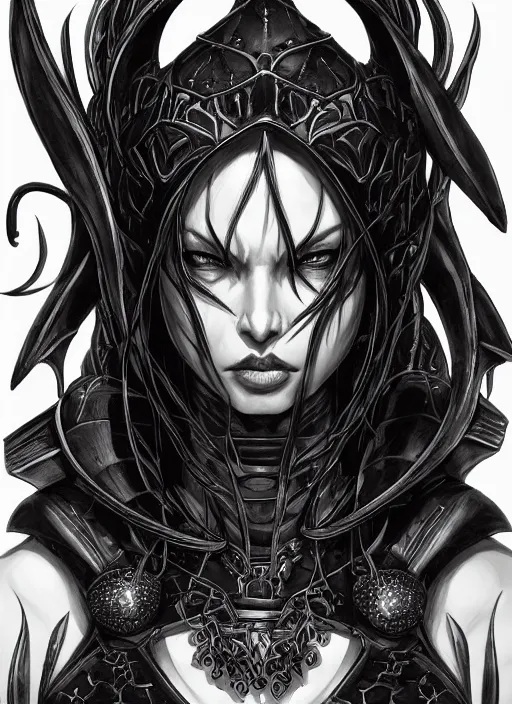 Image similar to a detailed face portrait of the queen of blades, line art, diablo 4 lilith, by yusuke murata, by hiroya oku, trending on artstation