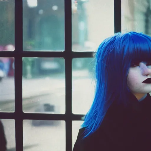 Image similar to an adorable goth girl with blue hair gazing out a coffee shop window, soft early morning light, cinematic angle, dreamy 3 5 mm film portrait