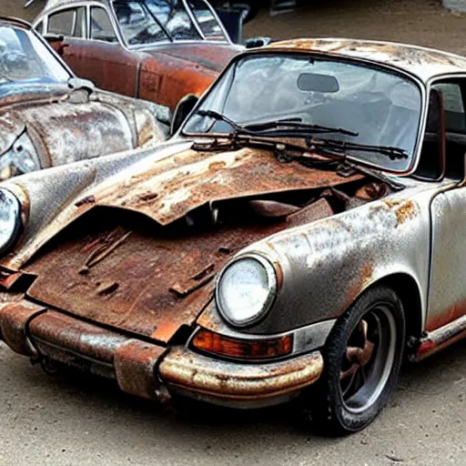 Prompt: rusty, scrap, salvage, junk 9 1 1 porsche