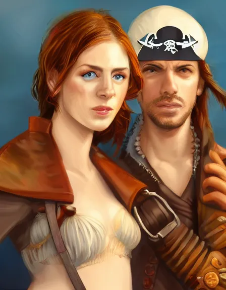 Image similar to couple in love. fully clothed armed female pirate captain, rachel wall, with a male pirate partner, sun, summer, blue eyes, beauty, wisdom, love, strength, knowledge, smart, portrait, symmetrical, highly detailed, digital painting, artstation, smooth, sharp focus, illustration, strength, latino art. 8 k