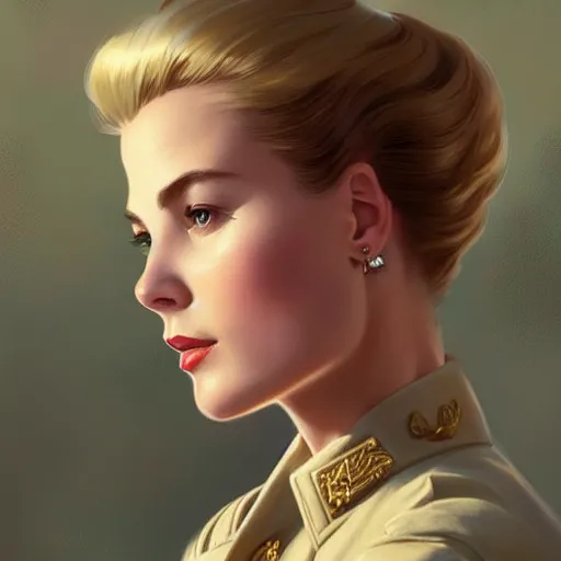 Image similar to Grace Kelly as a US Army Soldier, western, D&D, fantasy, intricate, elegant, highly detailed, digital painting, artstation, concept art, matte, sharp focus, illustration, art by Artgerm and Greg Rutkowski and Alphonse Mucha