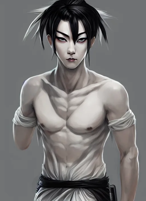 Prompt: a highly detailed illustration of fierce short white haired attractive young japanese man wearing white hakama, black sclera! eyes, dramatic pose, muscular, intricate, elegant, highly detailed, centered, digital painting, artstation, concept art, smooth, sharp focus, league of legends concept art, wlop